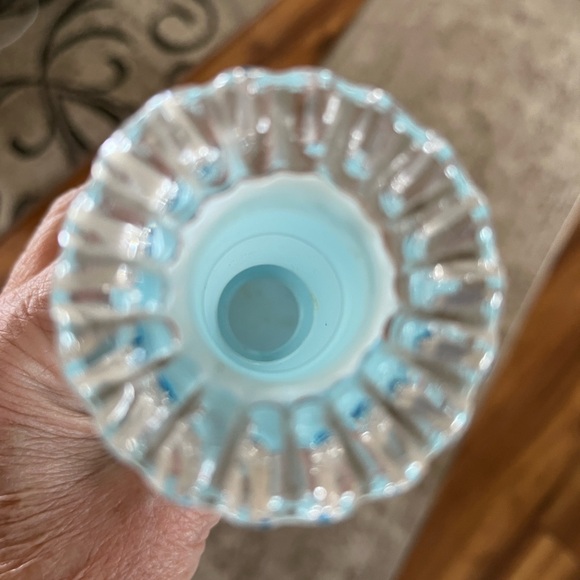 Vintage Blue Hand-Painted Glass Bottle Vase Floral Ruffled Rim No Stopper - Picture 5 of 10